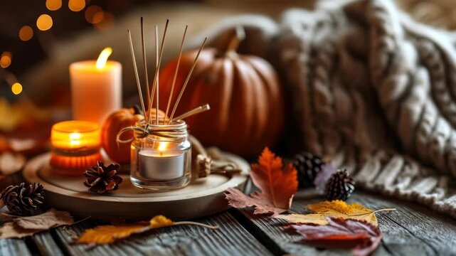 Cozy Autumn Scene with Lit Candles, Reed Diffuser, and Pumpkin Decor