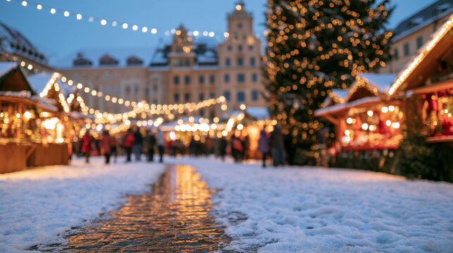 Historic German Town Square in Snow with Christmas Tree and Blurred Market Stalls