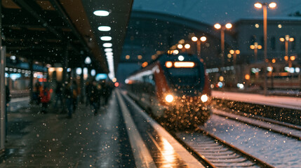 Obraz premium Modern German Passenger Train Arriving at Snowy Railway Station in Winter Snowstorm