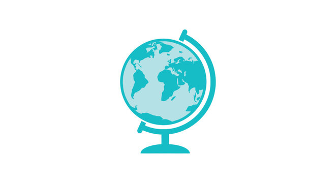 Teal globe illustration depicts world map on a stand flat vector style