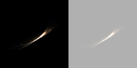 Flying golden comet streak with sparkling light trail. Diagonal meteor tail with glowing particles isolated on transparent background. Magic effect overlay © Антон Миргородський