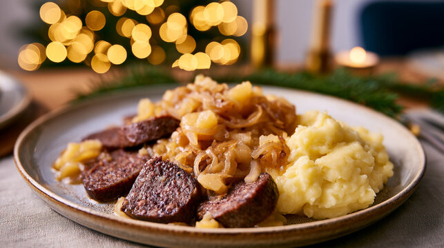 Traditional German Himmel und Erde with Blutwurst Mashed Potatoes and Apple Compote
