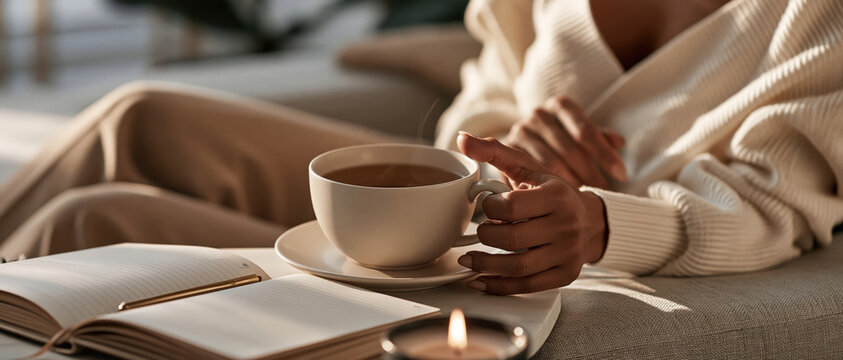 Quiet selfcare moment woman in cream knit sweater cradles steaming tea cup beside open journal and candle. Warm neutral tones evoke comfort, mindfulness, and intentional slow living.