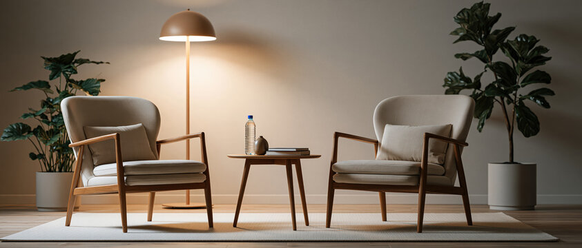 Inviting counseling space designed for connection and calm. Two midcentury armchairs face each other beside a glowing floor lamp, potted plants, and a minimal side table.