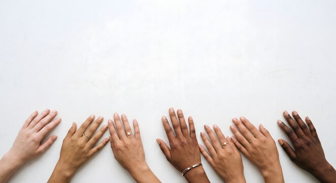 Diverse hands reaching up on white background with copy space