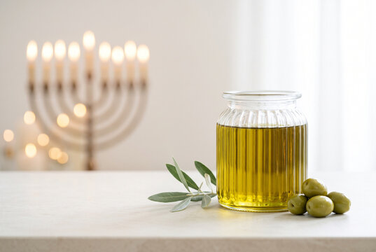 Olive oil in a jar with olives and menorah in soft lighting  