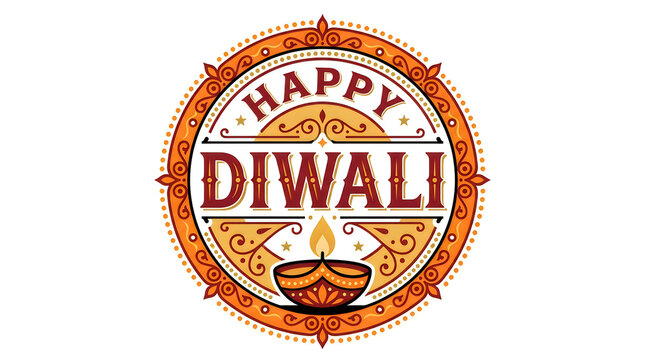 Happy diwali festive greeting with traditional oil lamp and ornate decorative border