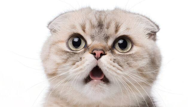 Close-up portrait of an adorable surprised Scottish Fold cat with huge round eyes and folded ears on white background