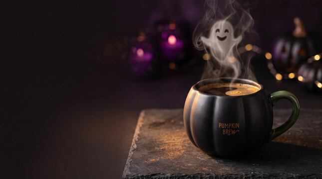 Black pumpkin mug with steaming drink and ghost figure in Halloween setting  