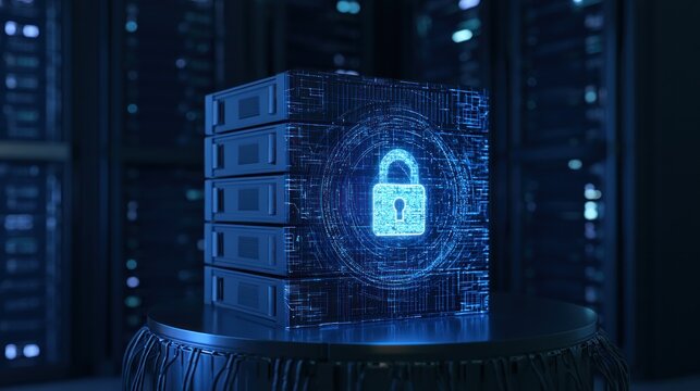Secure server rack with digital padlock icon in data center