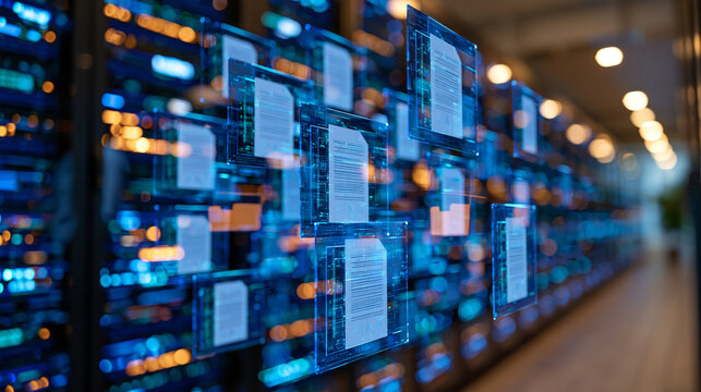 Floating luminous document cards arranged in layers above a pristine server aisle, transparent files, folders and data sheets with subtle digital symbols, enterprise information management concept, 