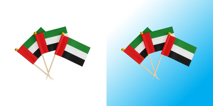 Pixel art style small flags of the united arab emirates on sticks isolated on white background