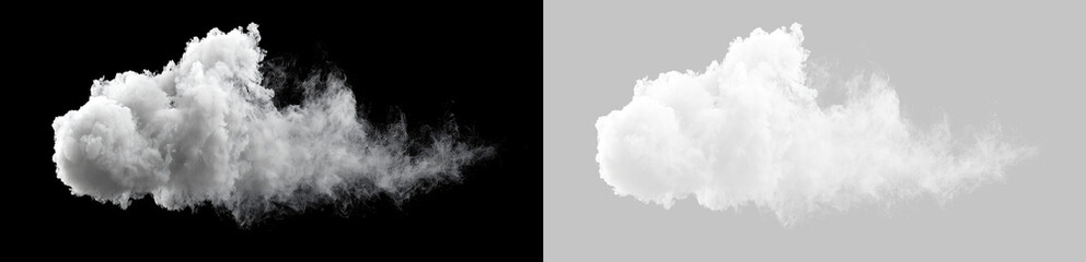 Fototapeta premium Billowing white cloud with wispy mist isolated on transparent and black background. Realistic fluffy smoke puff effect for visual effects and sky replacement