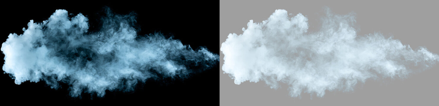 Dense smoke puff blowing horizontally isolated on black and transparent background. Blue vapor cloud design element for visual effects