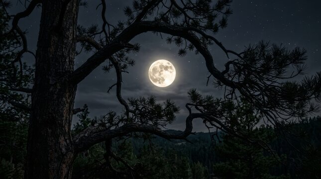 Bright moon rising above dense forest branches at night
