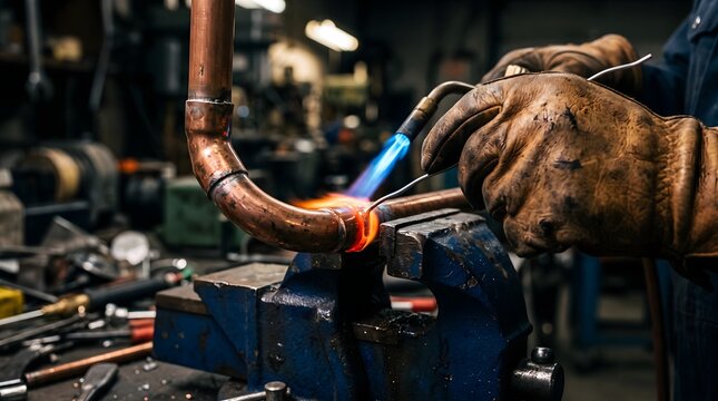 Professional plumber soldering copper pipe joints using a gas torch flame in a workshop for residential plumbing maintenance and industrial repair service concept.
