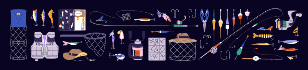 Fishing gear set. Accessories for catching fish in water-Different baits, lures, hooks, bobbers, nets and angling rods. Fishery tackles. Fisherman supplies. Flat isolated vector illustrations © Paper Trident