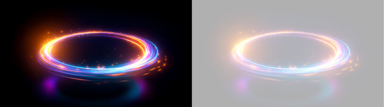 Luminous circular light effect with swirling neon trails. Futuristic glowing ring pedestal and magic portal overlay on isolated background