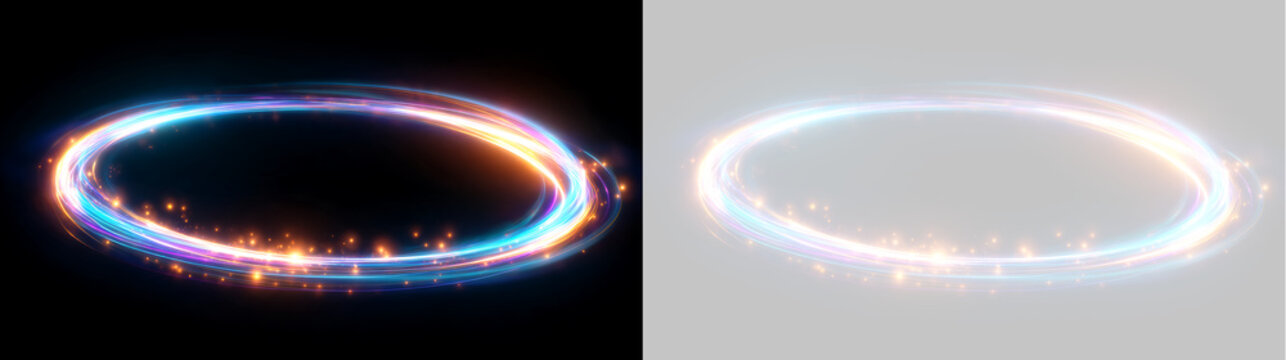 Glowing elliptical light trail with cyan and golden sparks. Swirling oval energy halo ring. Abstract futuristic magic circle isolated element