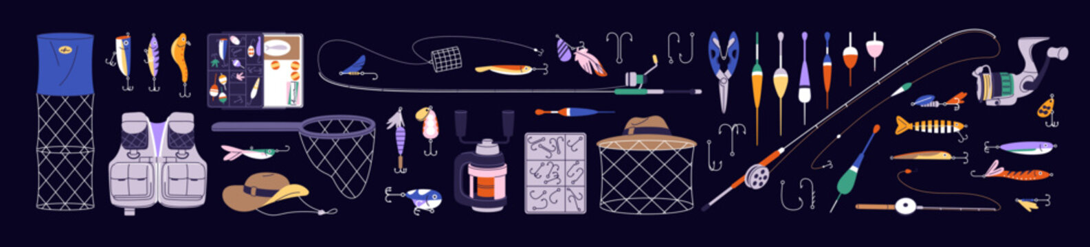 Fishing gear set. Accessories for catching fish in water-Different baits, lures, hooks, bobbers, nets and angling rods. Fishery tackles. Fisherman supplies. Flat isolated vector illustrations