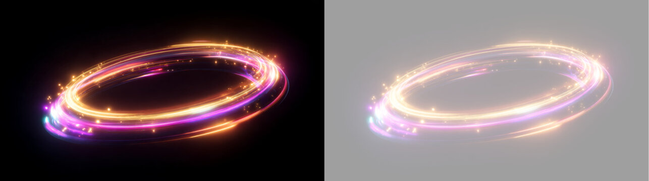 Tilted glowing ring of golden light and purple trails. Swirling energy vortex with bright sparks. Abstract magical portal effect isolated element