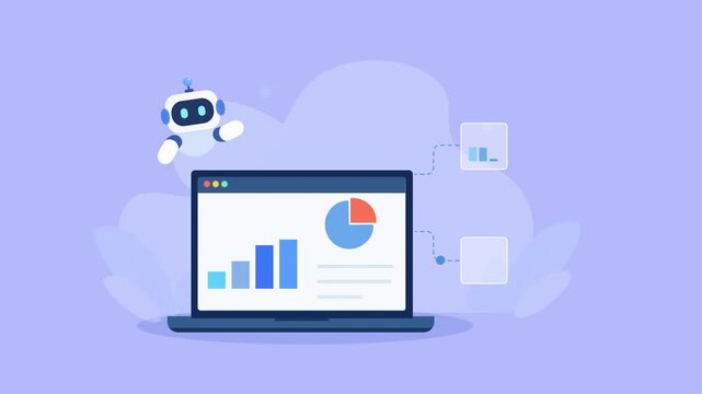 Flat vector animation showing AI data analytics on a laptop with a robot, bar chart, pie chart, and target icon on a soft lavender background.