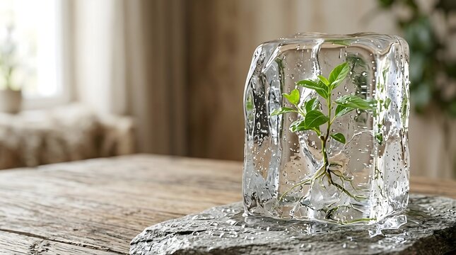 Small green plant frozen inside a clear ice cube on a rustic wooden table