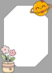 Kawaii cartoon frame with cute sun and pink flowers, octagonal white border template for notes, whimsical stationery background for kids © lailaa