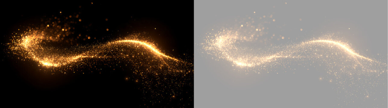 Dynamic golden particle wave with sparkling light trail and bokeh. Glowing gold dust curve on transparent and black background. Luxury festive design asset