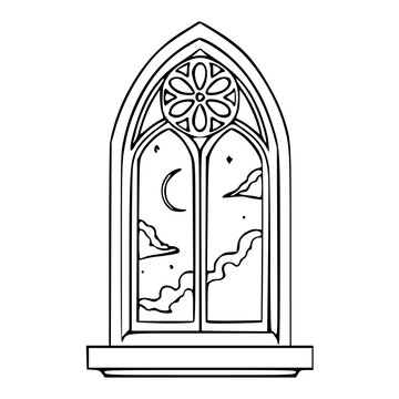 gothic cathedral arch window with rose window tracery and moon night sky line art illustration