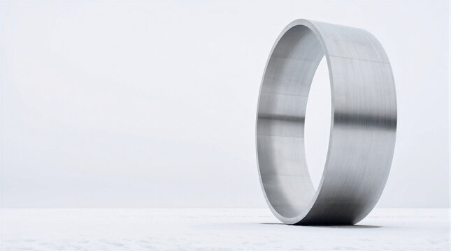 Minimalist metallic ribbon loop architecture standing upright in a flat and featureless snowy winter landscape