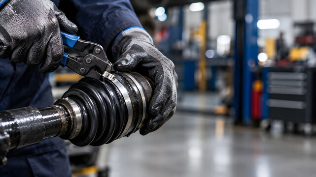 Mechanic using CV boot clamp pliers to tighten stainless band on constant velocity joint.