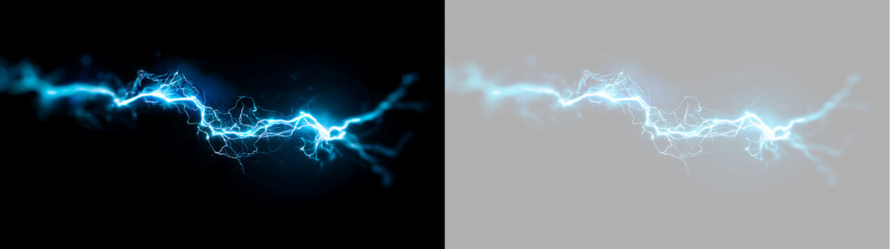 Horizontal blue lightning beam with glowing electrical sparks. Intense plasma energy bolt visual effect isolated on transparent background