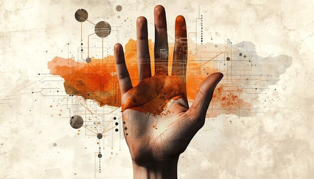 Open hand with orange paint splash, ink dots and thin lines on textured paper background, creative concept of touch, energy and expression