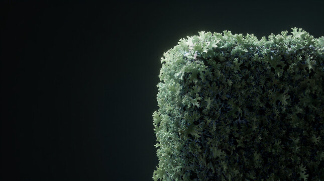 Digital monolith covered in a lush green lichen crust representing stealthy cybersecurity and natural camouflage