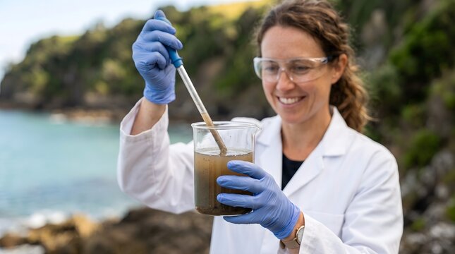 Female scientist in protective gear testing coastal water samples with a beaker and pipette for environmental research and ecological sustainability concept.