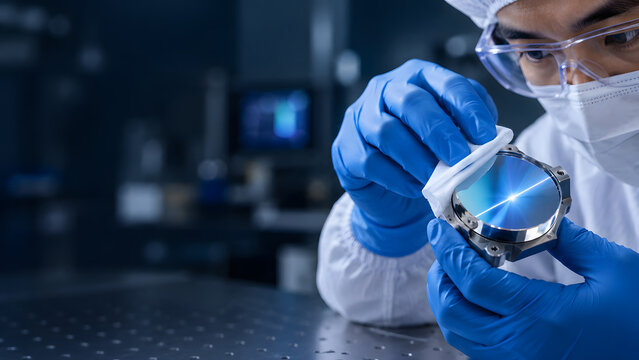 Technician cleaning optical lens mirror using lint free wipe inside cleanroom facility.