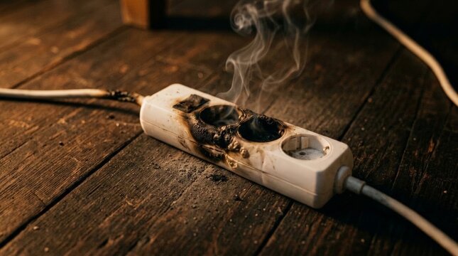 A burnt and smoking power strip rests on a wooden floor, creating an unplugged emergency situation with damaged electrical equipment posing a fire hazard in a home setting