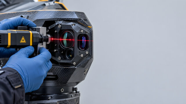 Technician using red laser alignment tool to calibrate optical camera sensor.