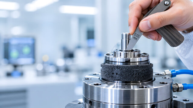 Technician using feeler gauge to measure clearance on precision component in laboratory.