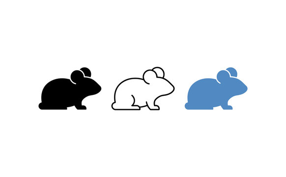 Mouse animal vector icon set. Includes solid, outline, and flat blue rodent symbols. Minimalist silhouettes for wildlife education, pet care, and pest control.
