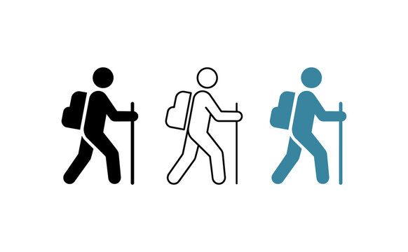 Hiking icon set with three stick figures walking, minimalist backpacker and trekker symbols, outdoor adventure and tourism signs