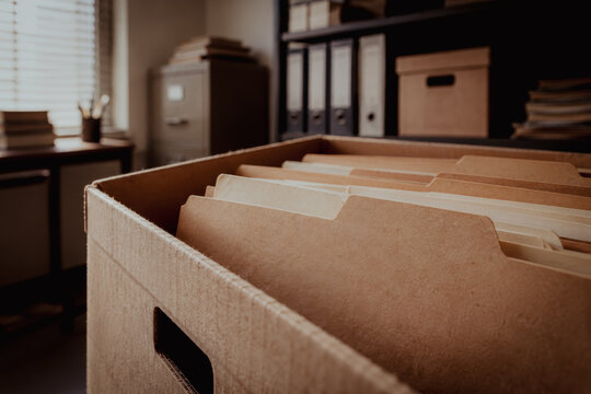 Open cardboard box with hanging file folders