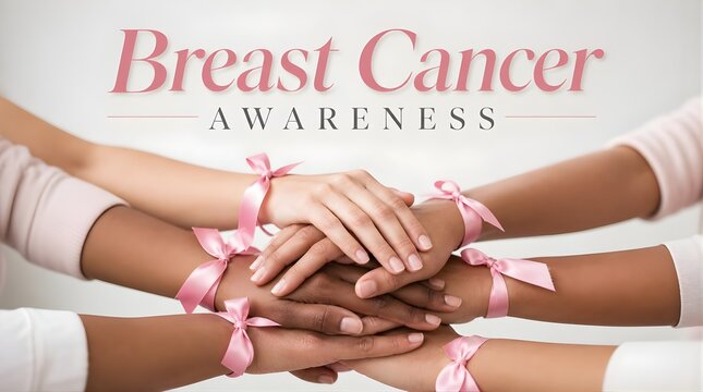Diverse female group showing support and unity with pink ribbons on wrists during breast cancer awareness month campaign.