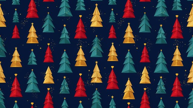 Geometric christmas tree pattern with gold stars on a dark blue background