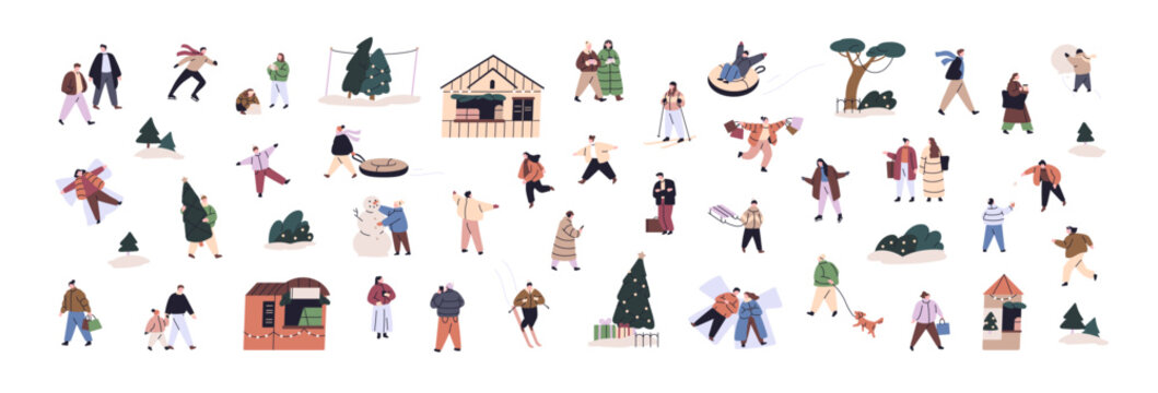 Set of tiny people having fun in winter. Families, friends and couples play snowballs, make snow angels and skate. Crowd walks outdoors at Christmas time. Flat isolated vector illustrations on white