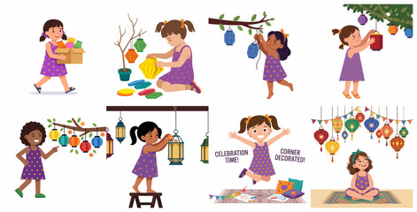 Fototapeta premium Set of flat vector illustrations of diverse little girls decorating with colorful lanterns for festive celebrations like Mid-Autumn Festival or Lunar New Year, isolated on white background.