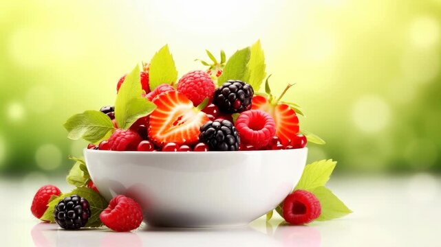 Fresh Berries and Mint Leaves in a White Bowl