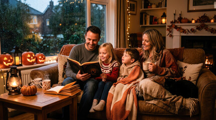 Obraz premium Cozy family Halloween evening, storytelling, autumn ambiance, pumpkin decor, warm lantern glow, peaceful atmosphere, cinematic lighting, indoor bonding, rainy night, seasonal celebration