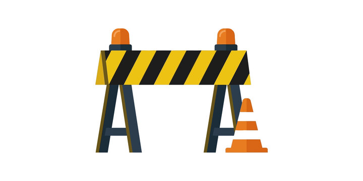 Yellow and black striped road barrier with orange traffic cone and safety warning lights.